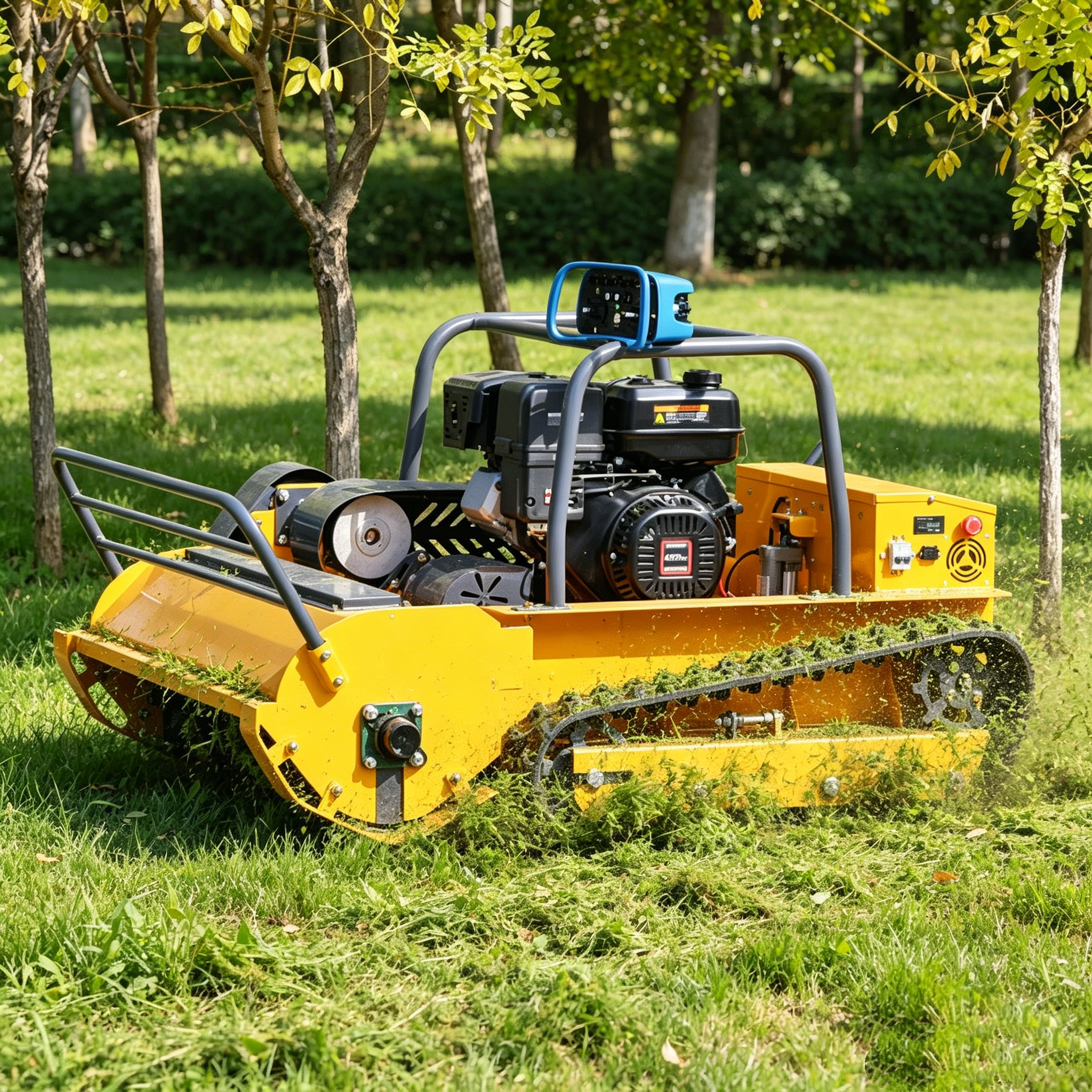 Compact remote control mower driving between low branches in farm orchard