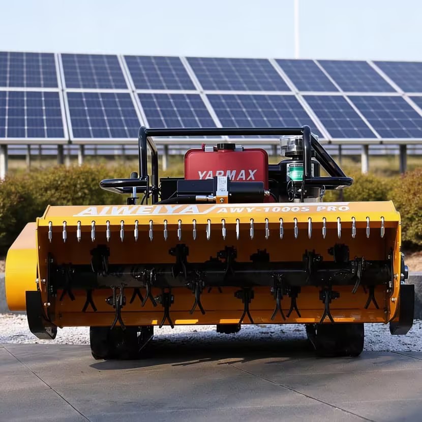 Mowing grass near structural columns under solar arrays using RC mower