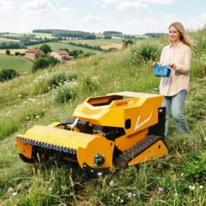Commercial remote control mower operating on uneven terrain
