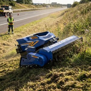 Crawler remote control mower working on a steep slope