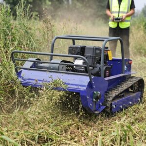 Remote control flail mower cutting dense vegetation