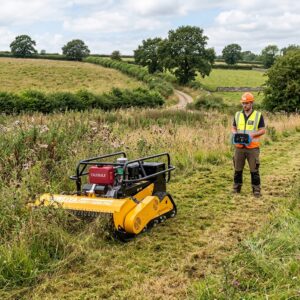 Operator controlling a remote control mower wirelessly